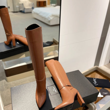 YSL 25S HIGH-HEEL KNEE-HIGH BOOTS 95 MM IN RUST BROWN LAMBSKIN