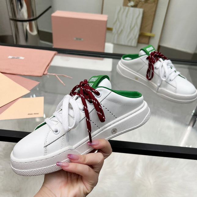 SNEAKER MULES IN WHITE MIX GREEN CALFSKIN WHITE RED LACES